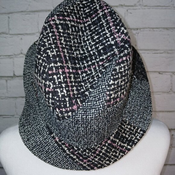 WOMENS TWEED FEDORA BLACK, GRAY, WHITE WITH A HINT OF PINK, FLOWER ACCENT ONFA - Picture 2 of 6
